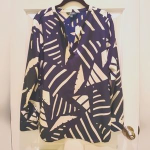 Ralph Lauren Navy Blue and Ivory Geometric Print Tunic Blouse Size Medium